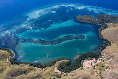 Kuş bakışı bakıldığında, engebeli bir ada Komodo Milli Parkı, Endonezya bir mangrov ve resif ile çevrilidir. Bu tropik alan, deniz biyolojik çeşitliliği nin yanı sıra ejderhaları ile de bilinir..