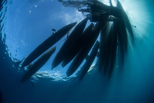 Strălucitoare Siluete Soare Săpate Canoe Insulele Solomon Sătenii Distanță Folosesc — Fotografie, imagine de stoc