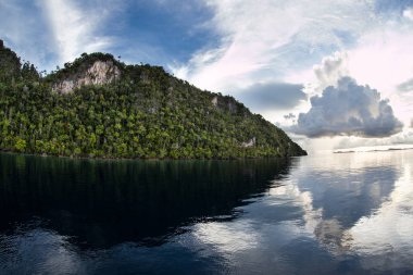 Sakin sular Raja Ampat, Endonezya uzak bir kireçtaşı ada çevreleyen. Mercan Üçgeni'nin bir parçası olan bu tropik bölge, inanılmaz deniz biyolojik çeşitliliğiyle tanınıyor..