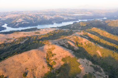 Akşam ışığı Berkeley, Oakland yakınlarındaki East Bay'de bulunan tepeleri, sırtları ve kanyonları aydınlatır ve Kuzey Kaliforniya'daki San Francisco'dan çok uzak olmayan.