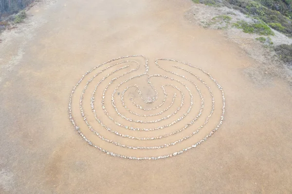 A circular rock labyrinth is found on the edge of the Pacific Ocean just north of San Francisco, California. Labyrinths symbolize the journey through life from birth to spiritual awakening to death.