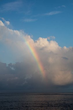 Endonezya, Raja Ampat 'ta karanlık denizin üzerinde güzel bir gökkuşağı belirir. Bu ekvator bölgesi yıl boyunca bol miktarda yağmur ve güneş ışığı alır..