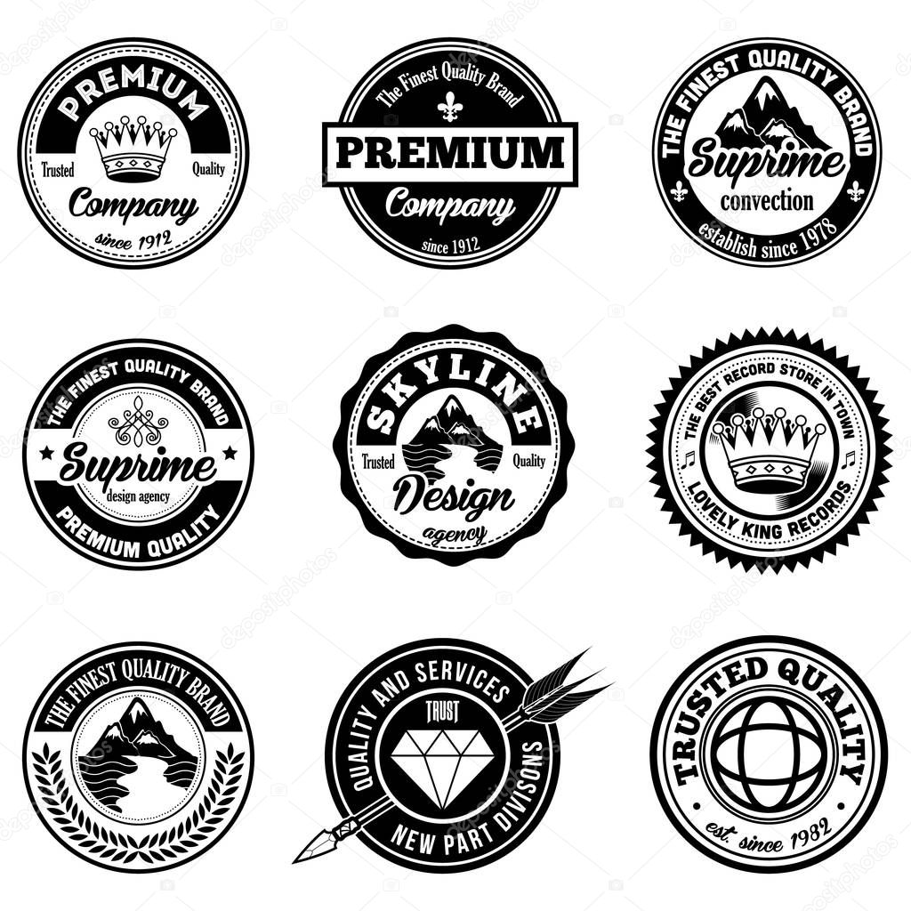 Set of classic company retro or old, vintage badges or banners, sign or logotype, labels and stickers with crown and star, ship steering wheel and anchor, glasses and moustache, laurel wreath