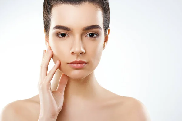 Beautiful Young Woman Clean Fresh Skin Touch Own Face Cosmetology — Stock Photo, Image