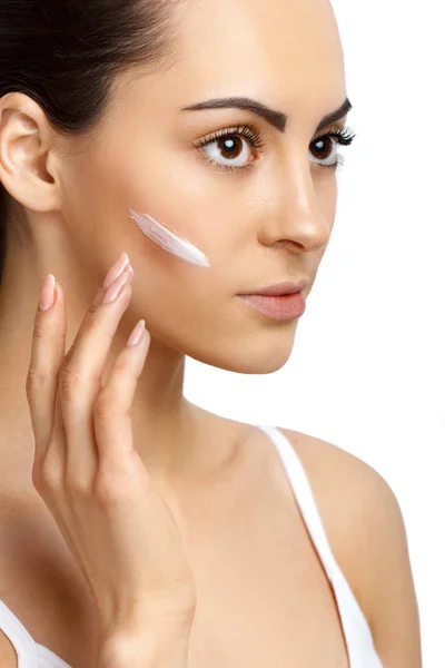 Facial Care Female Applying Cream Portrait Young Woman Cosmetic Cream — Stock Photo, Image