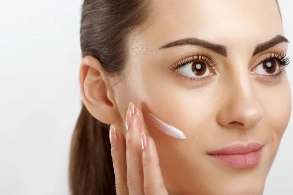 Closeup Happy Young Woman Applying Cream Her Face Skincare Cosmetics — Stock Photo, Image