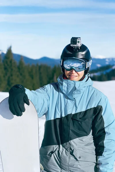 Snowboarder Con Action Camera Sul Casco Close Ritratto Snowboarder Nei — Foto Stock