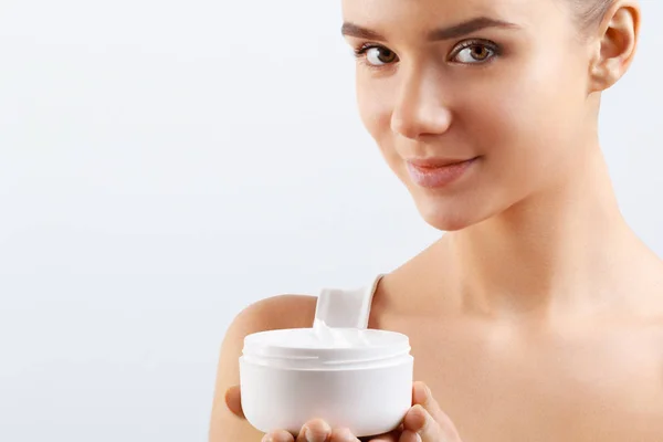 Skincare Beauty Concept Young Pretty Woman Holding Cosmetic Cream Soft — Stock Photo, Image