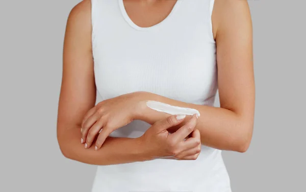 Closeup Shot Woman Hands Holding Cream Applying Moisturizing Hand Cream — Stock Photo, Image