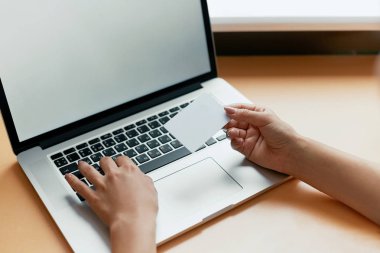Online Teknoloji ödeme Laptop çalışma. Kredi kartı tutan ve dizüstü bilgisayar kullanarak kadın Close-Up