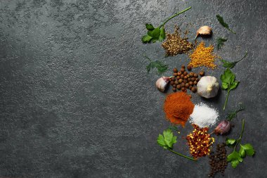  Siyah arka plan üzerinde çeşitli otlar ve baharatlar. Tuz, sarımsak, zerdeçal, bezelye. Kopyalama alanı ile üstte görünüm.