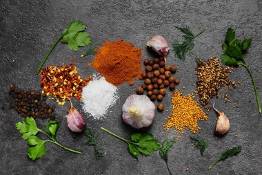  Siyah arka plan üzerinde çeşitli otlar ve baharatlar. Biber, Tuz, Kırmızı biber, sarımsak, zerdeçal, bezelye. En iyi görünüm kopyalama alanı.