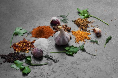 Baharat seçimi, siyah taş masada otlarl. Yemek pişirmek için malzemeler. Yemek geçmişi. Kopyalama alanı ile üstte görünüm.