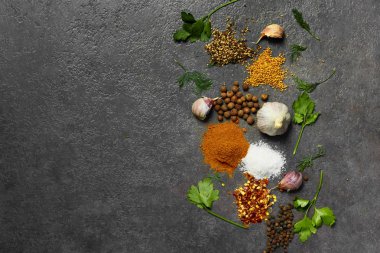 Baharat seçimi, siyah taş masada otlarl. Yemek pişirmek için malzemeler. Yemek geçmişi. Kopyalama alanı ile üstte görünüm.