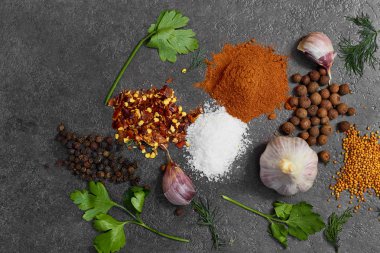  Siyah arka plan üzerinde çeşitli otlar ve baharatlar. Biber, Tuz, Kırmızı biber, sarımsak, zerdeçal, bezelye. En iyi görünüm kopyalama alanı.