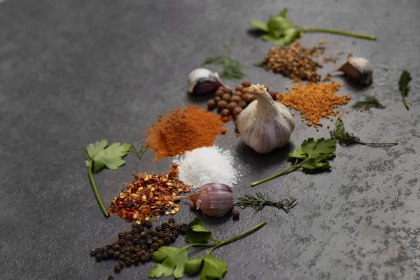Baharat seçimi, siyah taş masada otlarl. Yemek pişirmek için malzemeler. Yemek geçmişi. Kopyalama alanı ile üstte görünüm.