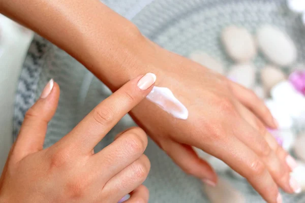 Skin Care Concept Beautiful Woman Hand Cream Lotion Her Hands — Stock Photo, Image