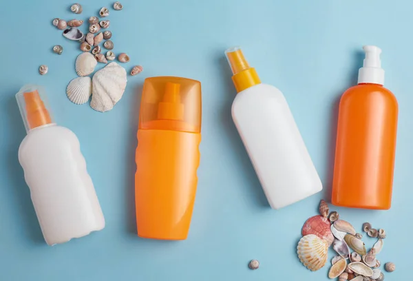 Sun Cream Cream Sunscreen Bottle Sun Cream Lotion Bottle Seashells — Stock Photo, Image