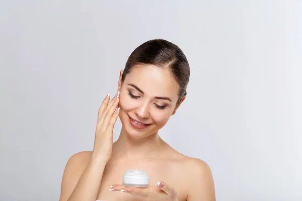 Beautiful Young Woman Clean Fresh Skin Girl Holding Cream Her — Stock Photo, Image