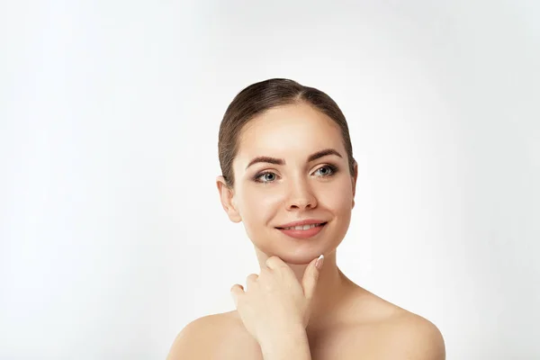 Beautiful Young Woman Clean Fresh Skin Touch Own Face Facial — Stock Photo, Image
