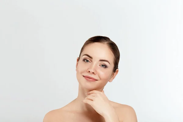 Beautiful Young Woman Clean Fresh Skin Touch Own Face Facial — Stock Photo, Image