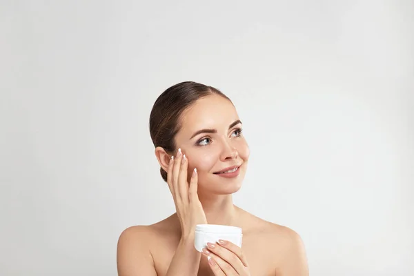 Beautiful Young Woman Clean Fresh Skin Touch Own Face Girl — Stock Photo, Image