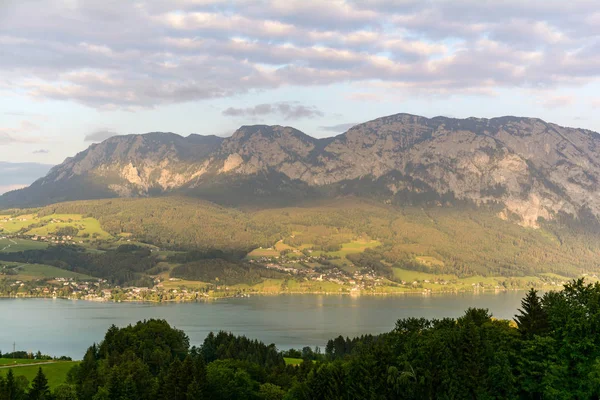 Vista Para Lago Attersee Com Prados Verdes Cordilheira Dos Alpes — Fotografia de Stock