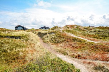Kumul manzara ile tatil evleri Henne Strand, Jutland Danimarka İskandinavya yakınındaki kuzey denizde