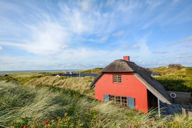 Kumul manzara ile tatil evleri Henne Strand, Jutland Danimarka İskandinavya yakınındaki kuzey denizde