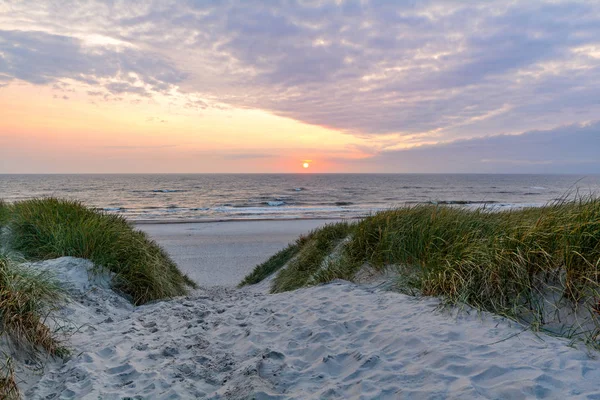 Ηλιοβασίλεμα Στην Όμορφη Παραλία Άμμο Αμμόλοφος Τοπίο Κοντά Henne Strand — Φωτογραφία Αρχείου
