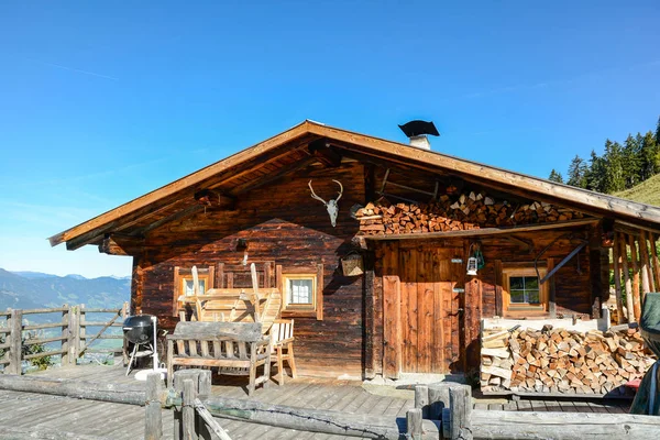 Porte Entrée Vieille Cabane Bois Pré Montagne Dans Les Alpes — Photo