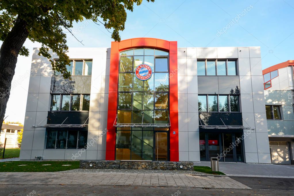MUNICH BAVARIA GERMANY - OCT 11: Headquarter and soccer training center of the german football sports club FC Bayern Munich in Munich-Harlaching, Germany on October 11, 2019