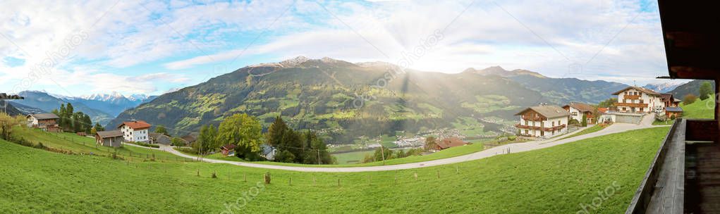 View to Zillertal valley with sunset over mountain range of austrian alps in Tirol, Austria Europe