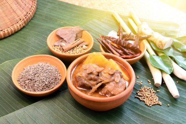 Biftek mussaman sosu seramik kase muz yaprakları ile baharat kase arka plan üzerine yerleştirilen