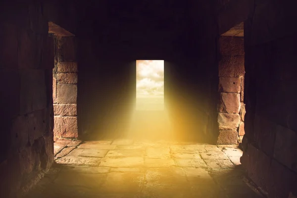 Sunlight Shines Door End Ancient Stone Temple Travel Mysterious Land — Stock Photo, Image