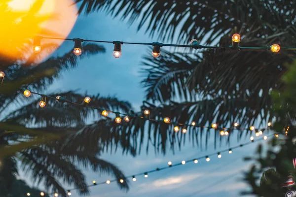 gün batımı, sarı dize ışıkları açık restoranda bokeh dekor ile Hindistan cevizi hurma ağacı arka plan ile bulanık ışık bokeh