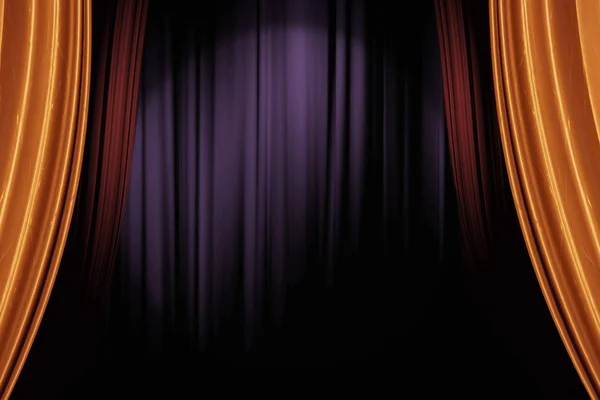 Openen van gouden en rode podiumgordijnen in donkere theater voor de achtergrond van een live optreden — Stockfoto