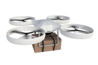Uçak beyaz arka plan üzerinde izole karton kutu paket sağlamaktadır. 3D render illüstrasyon.