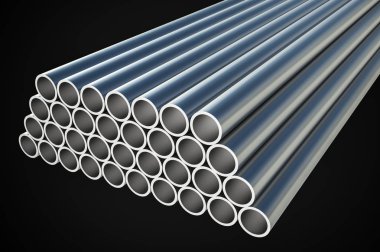 Çelik metal profiller üzerine siyah - sanayi kavramı izole boru şeklinde. 3D render illüstrasyon.