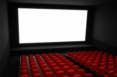 Sinema Konferans salonu ile beyaz boş perde ve kırmızı koltuk. 3D render illüstrasyon.