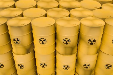 Sarı radyoaktif atık varil - nükleer atık damping kavramı. 3D render illüstrasyon.