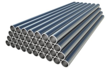 Beyaz - sanayi kavramı izole boru şeklinde çelik metal profiller. 3D render illüstrasyon.