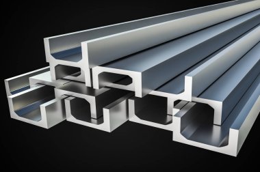 U-bar şeklinde siyah - sanayi kavramı izole çelik metal profiller. 3D render illüstrasyon.
