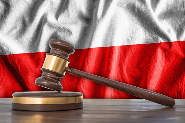 Wooden gavel and flag of Poland on background - law concept. 3D rendered illustration.