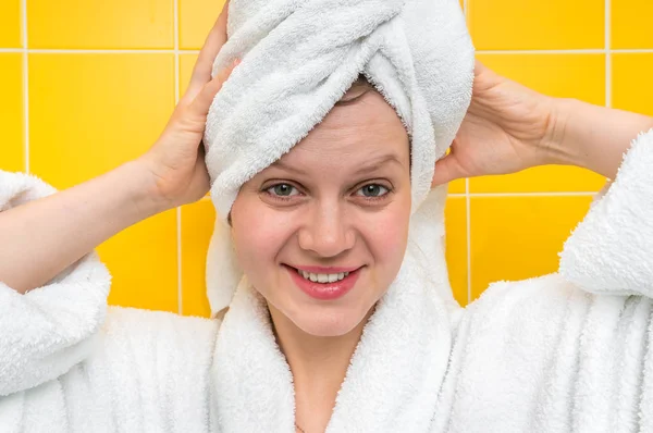 Beautiful Smiling Woman Bathrobe Towel Her Head — Stock Photo, Image