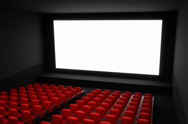 Cinema auditorium with white blank screen and red seats. 3D rendered illustration. clipart