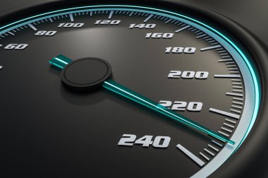 Kontrol panelinde arabada mavi hız göstergesi. 3D render illüstrasyon.