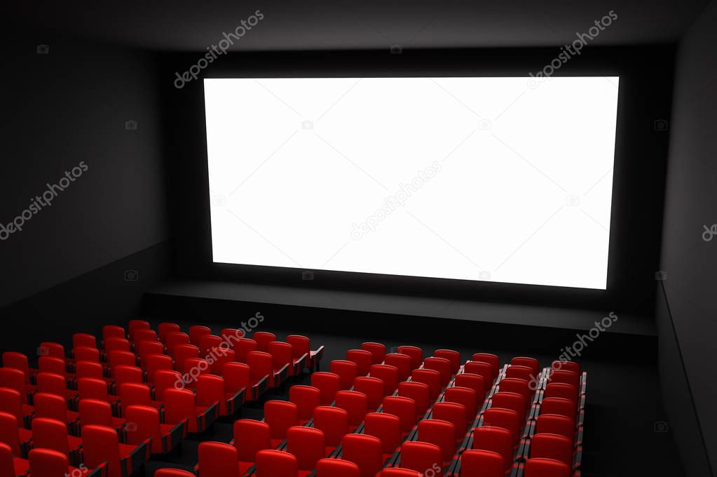 Cinema auditorium with white blank screen and red seats. 3D rendered illustration.