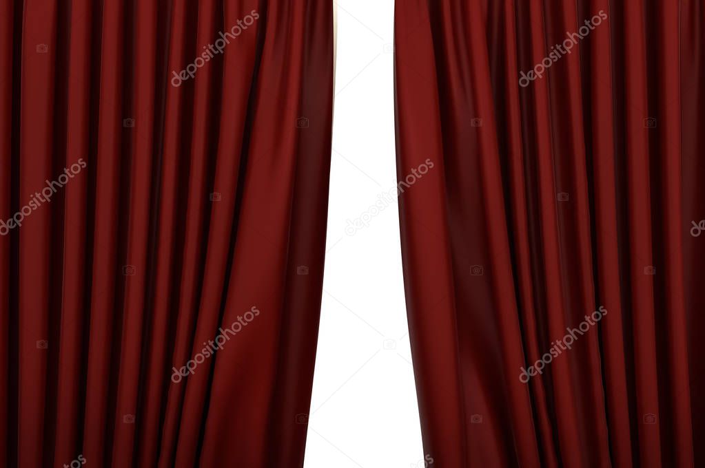 Open red curtains in theatre. 3D rendered illustration.
