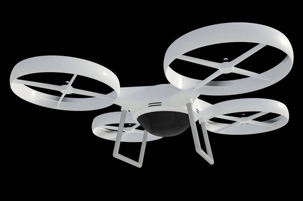 Flying drone isolated on black background. 3D rendered illustration.